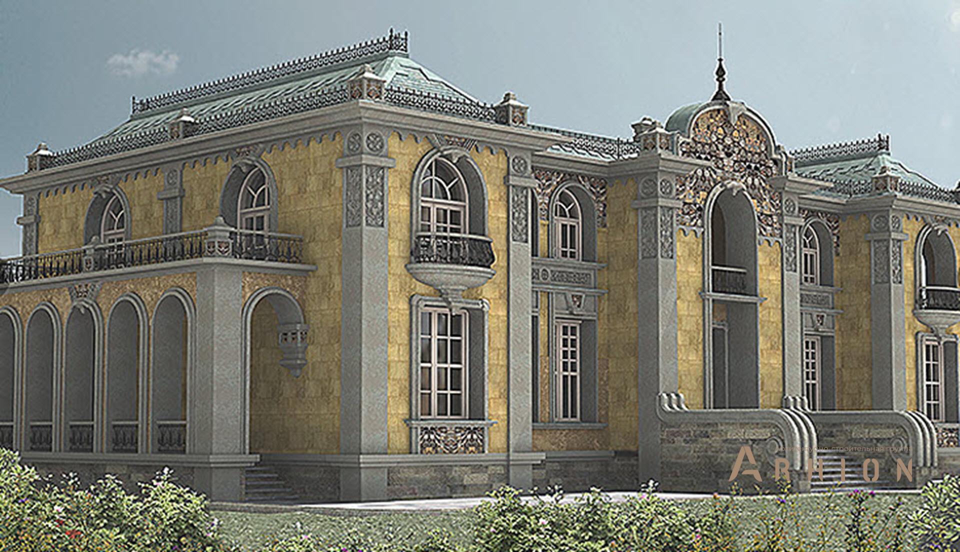 4. Проект двухэтажного дома в стиле барокко с многоскатной кровлей, SOV-6, площадью - 1100 кв c цокольным этажом, сауной, терассой, балконом, бассейном, вторым светом